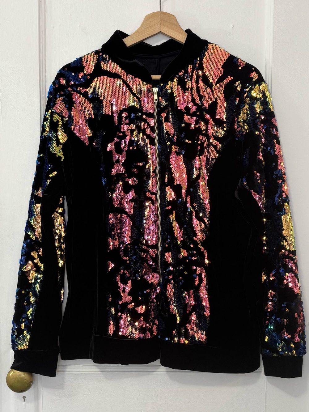 Women's Black & Iridescent Sequin Velvet Bomber Jacket, No Size tag (See Below)